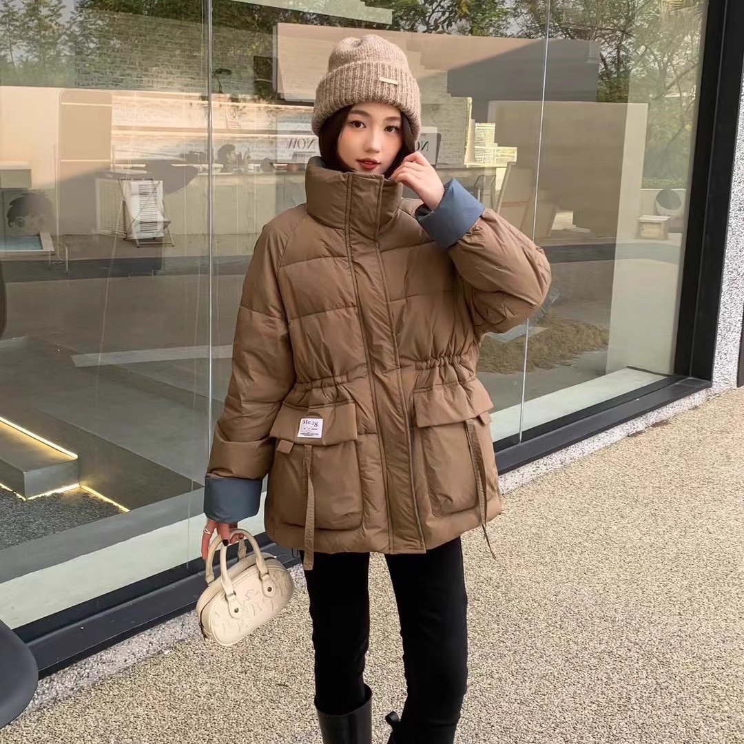 欧韩拼色羽绒服女短款2023冬季新款韩版宽松小个子加厚白鸭绒外套