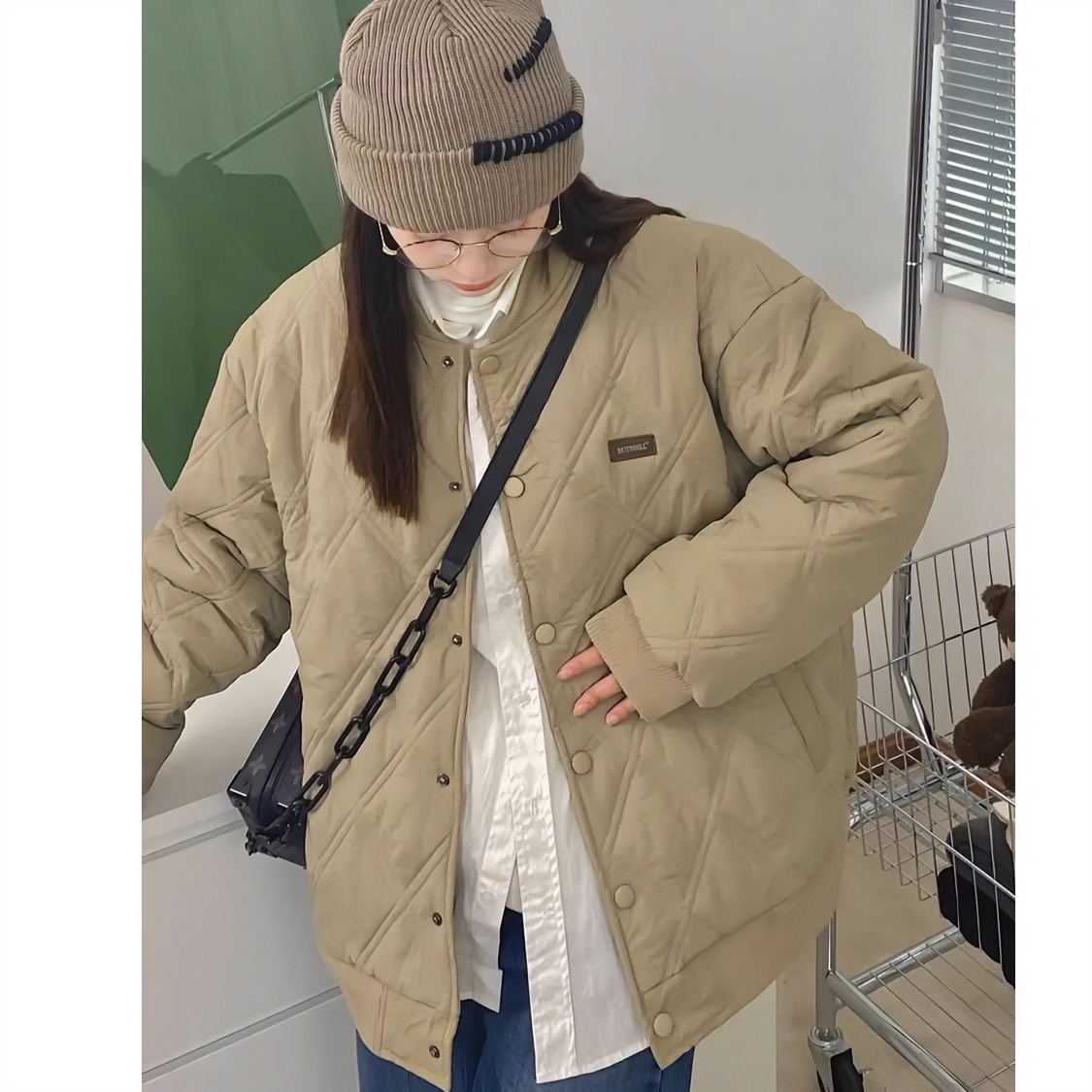 棉服女冬季2023新款小个子宽松休闲棉袄加厚保暖夹棉外套菱格棉衣