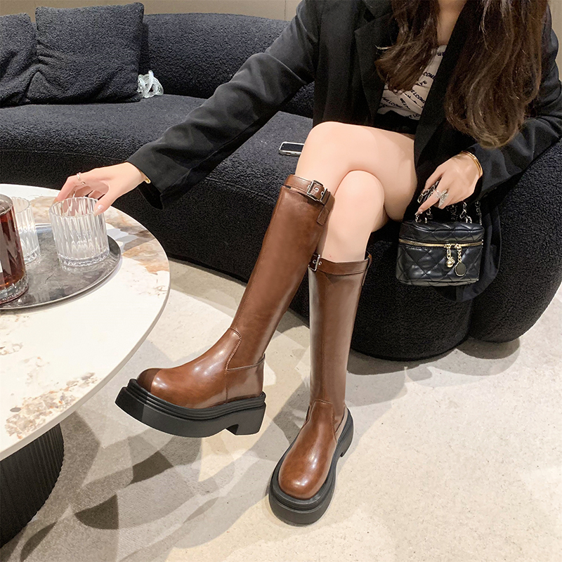 【酒窝专属】骑士靴子女长筒靴女2023新款厚底不过膝长靴高筒马丁靴