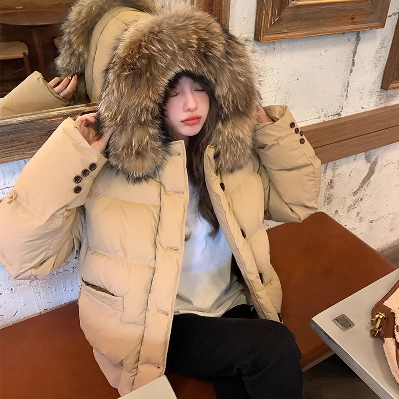 大毛领短款面包服女2023年新款宽松小个子加厚冬季外套爆款通勤风