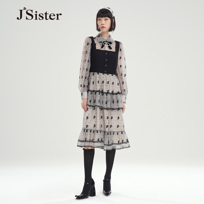 冬季新款 jsister JS女装时尚黑米气质连衣裙 S243211409拼接圆领