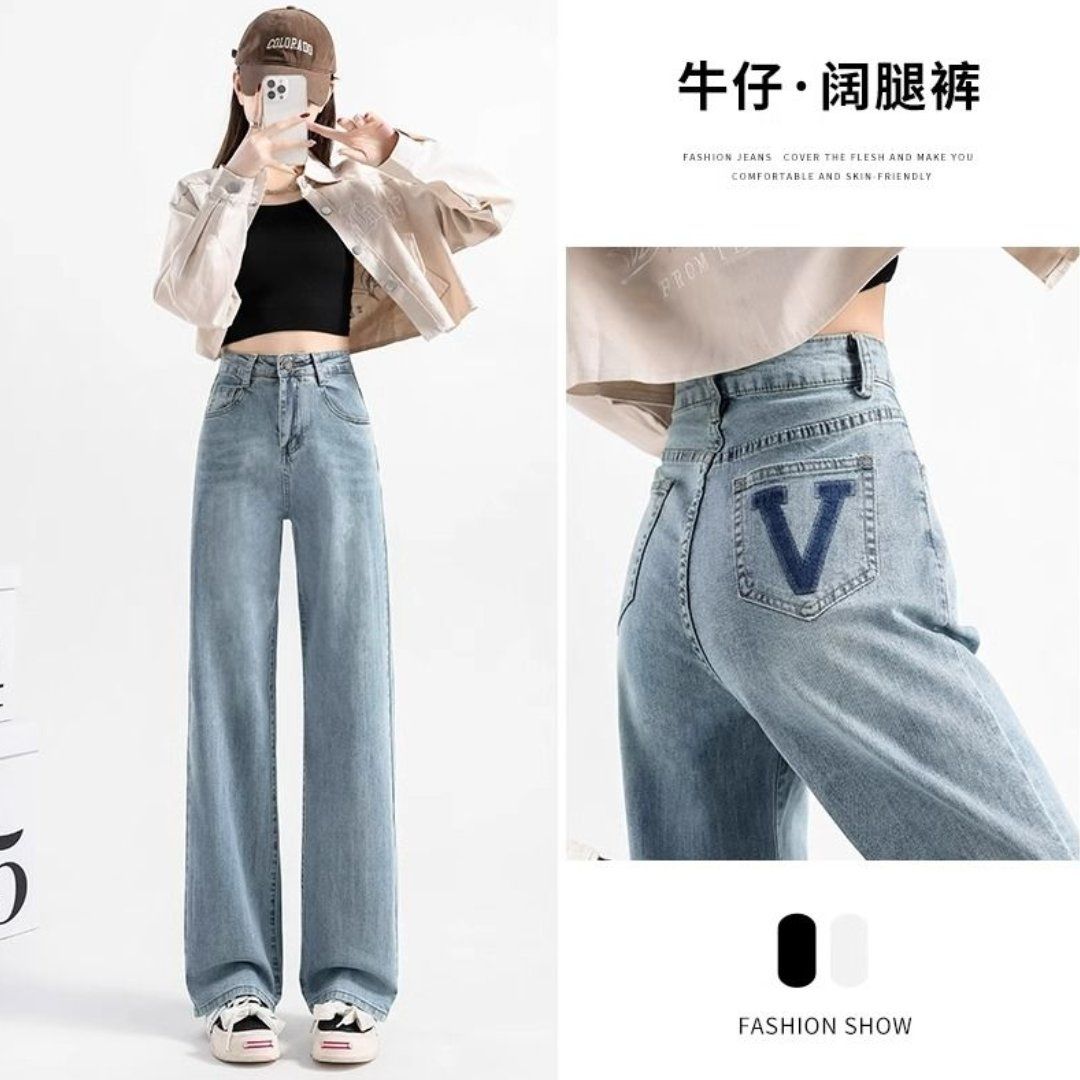 V字母设计感直筒牛仔裤女港风春秋新款高腰显高显瘦阔腿拖地长裤