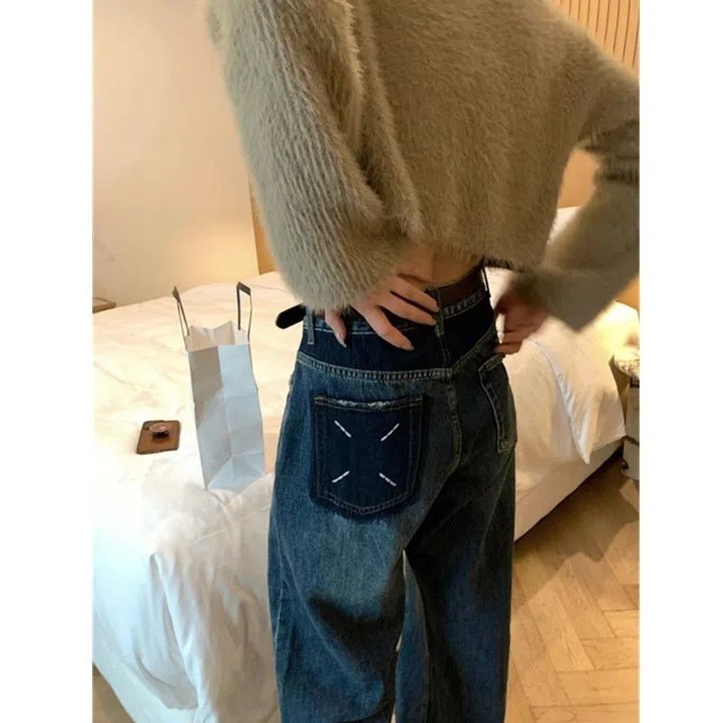 设计感小众水洗高腰阔腿牛仔裤女秋冬新款韩版宽松显瘦直筒长裤子