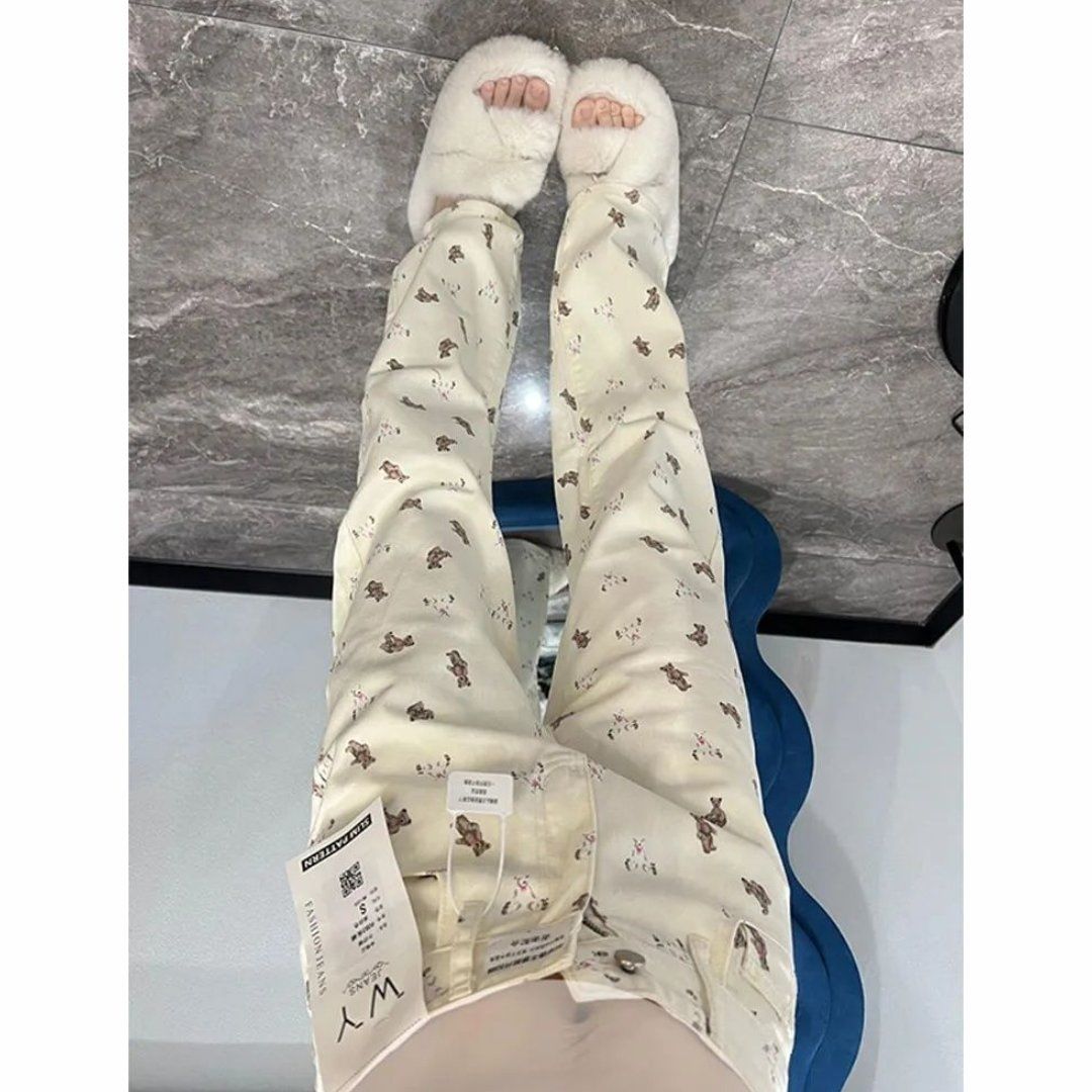 美式复古小熊白色印花直筒牛仔裤春夏爆款小众夏季设计宽松显瘦裤