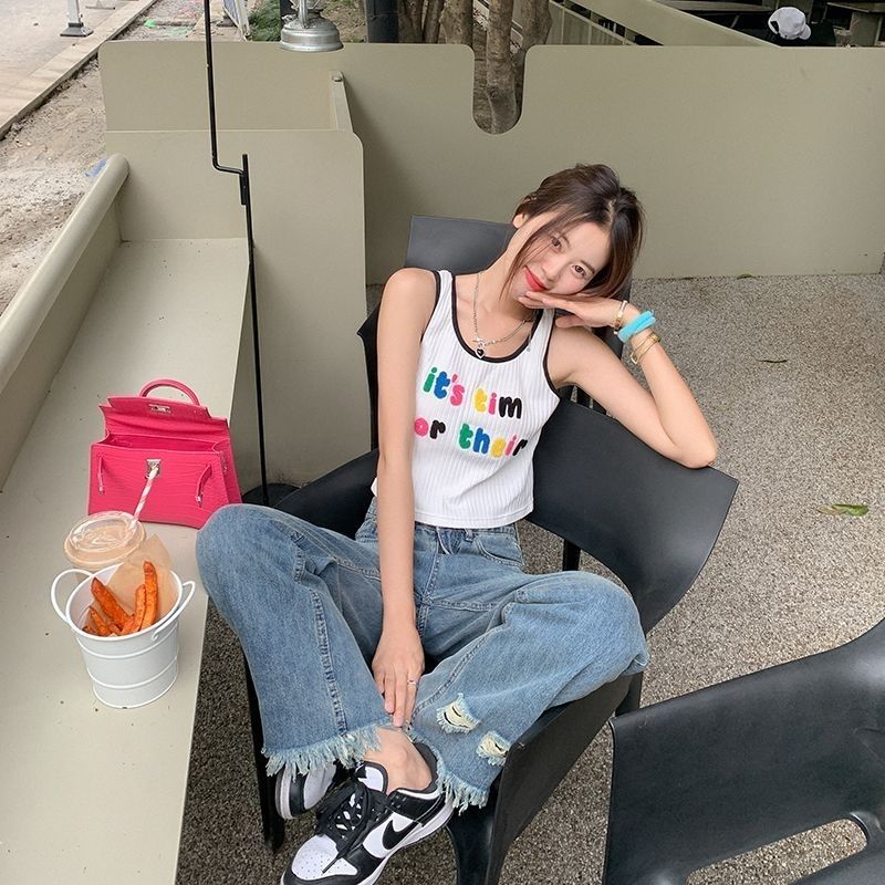 美式复古流苏破洞牛仔裤女宽松阔腿高腰显瘦vibe高街垂感拖地裤子