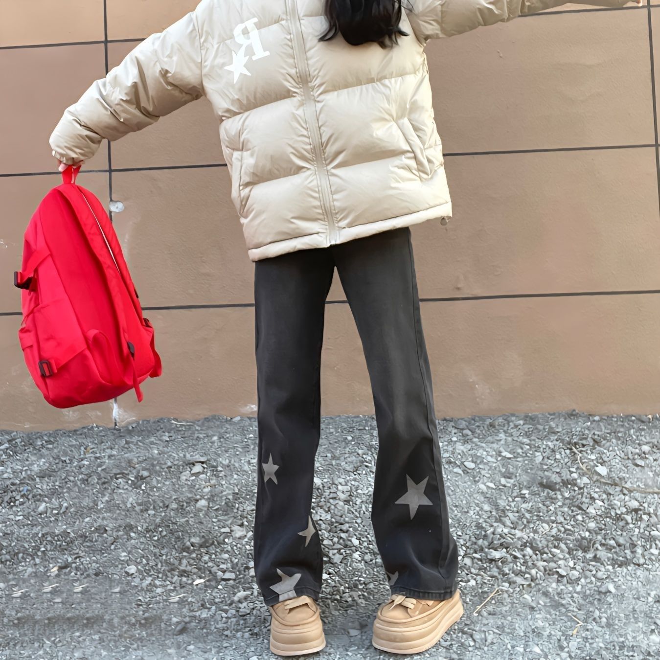 ins韩版高街星星印花直筒牛仔裤女春季新款宽松学生显瘦阔腿长裤