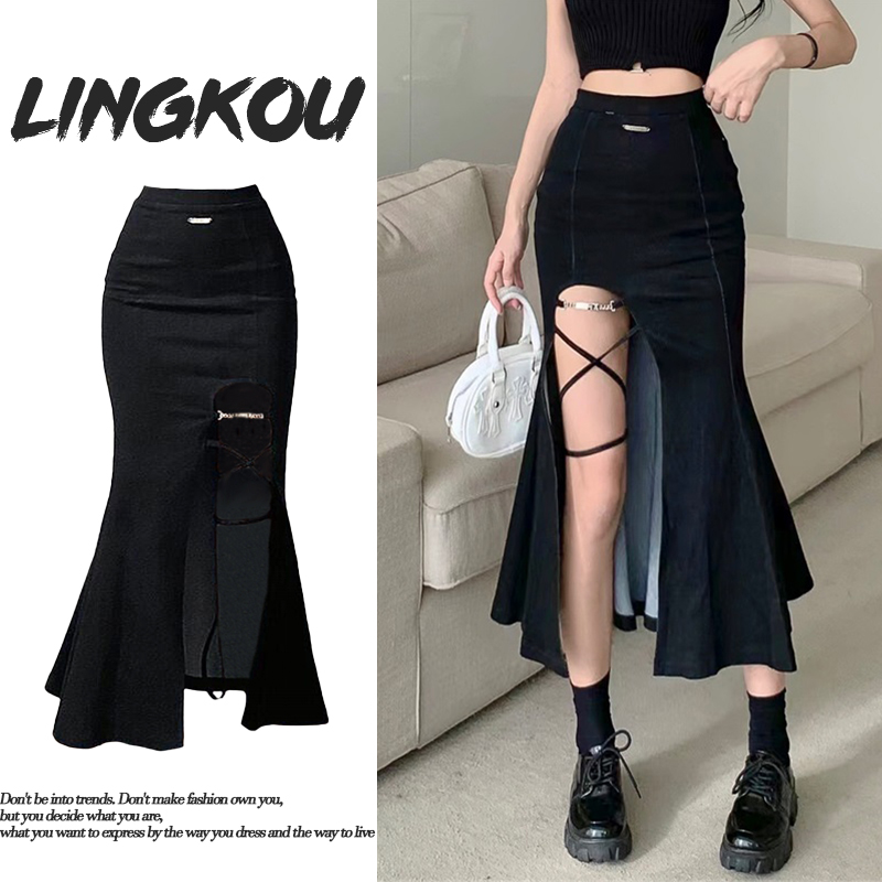 显瘦半身裙2023年秋冬季设计感开叉绑带高腰长裙显瘦鱼尾包臀裙女