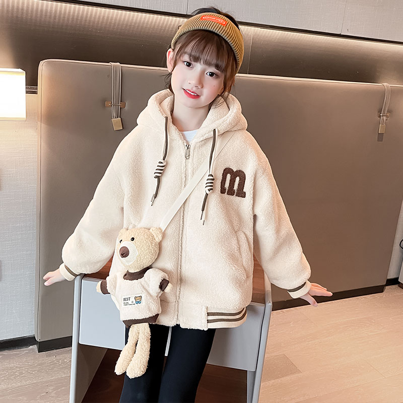 女童外套加绒秋冬装2023新款加厚中大童羊羔毛毛衣女大童12到15岁
