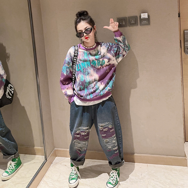 儿童卫衣裤子两件套女童春秋款2023新款中大童秋季装牛仔裤套装潮