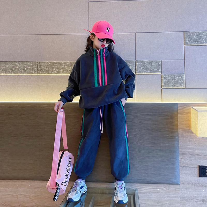 女童套装秋冬2023新款大童洋派时髦童装儿童炸街运动加绒卫衣秋装