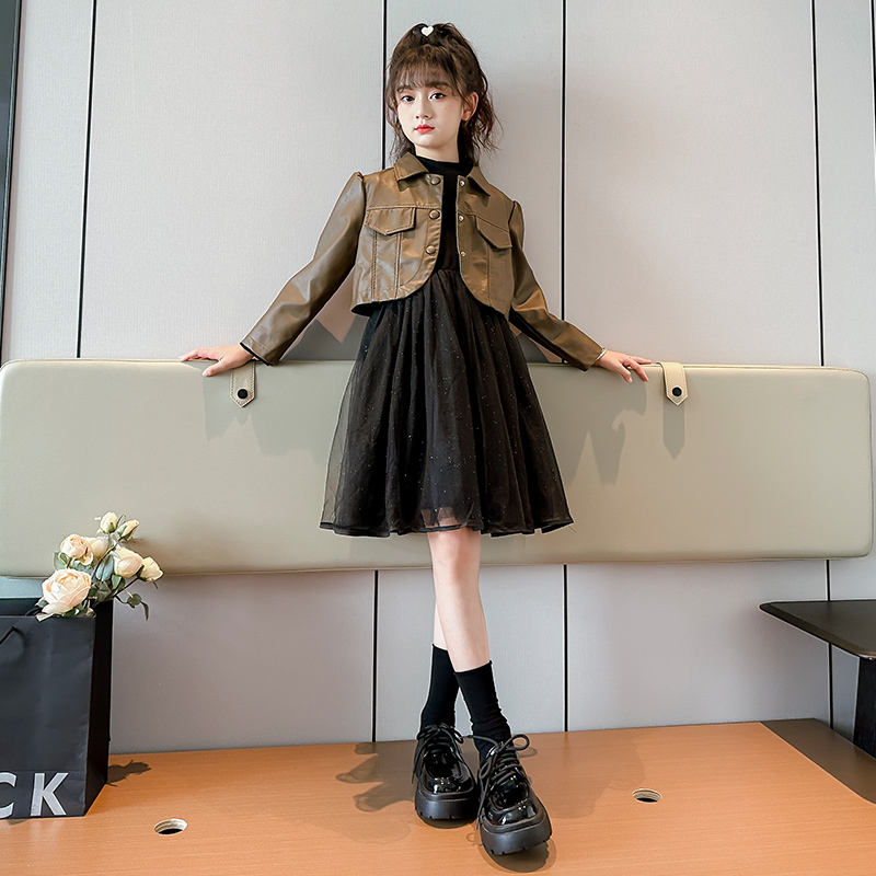 女童春装连衣裙2024新款儿童网红洋气套装小女孩春秋皮衣两件套裙