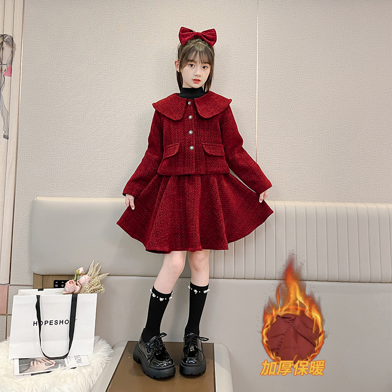 女童新年衣服红色套裙儿童小香风呢子外套短裙拜年服12岁本命年潮