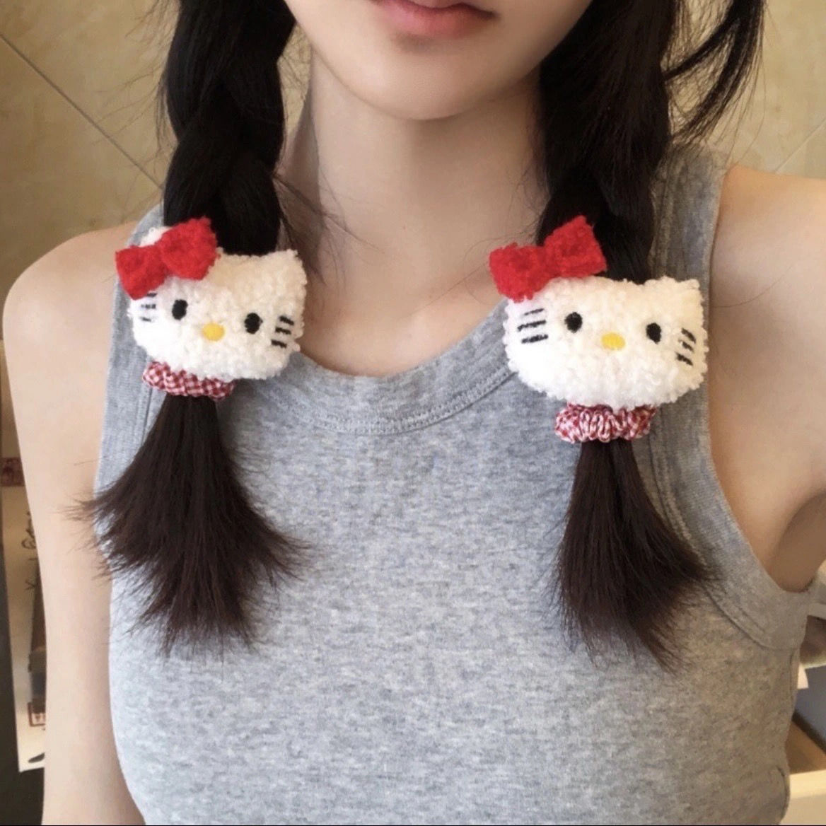 原创甜美kitty猫发夹头绳可爱女孩复古格纹发圈双马尾