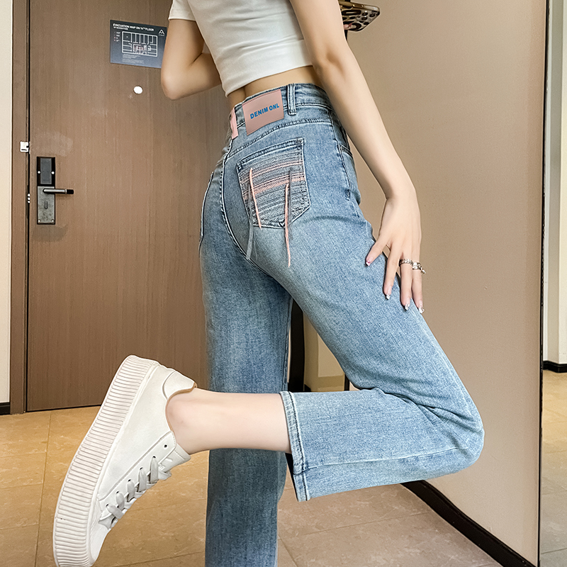 浅色直筒牛仔裤女2023春夏季高腰紧身显瘦小个子设计感九分烟管裤