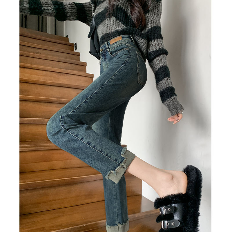 直筒牛仔裤女秋冬季2023年新款高腰显瘦复古九分小个子烟管裤子女