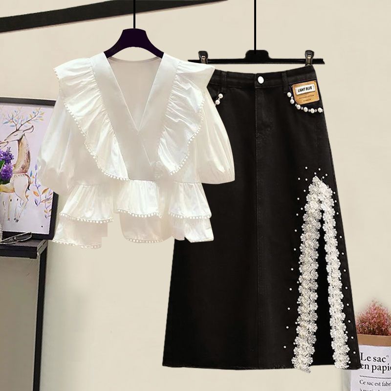 夏天欧货穿搭套装女复古气质开叉牛仔半身裙荷叶边衬衫大码两件套