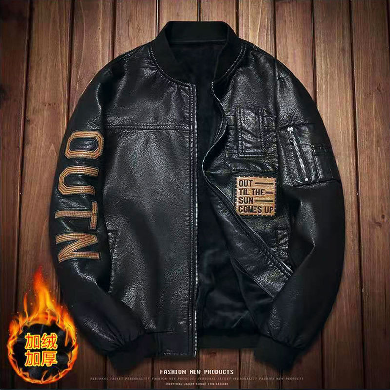 欧洲站飞行员立领皮夹克外套新款冬季加绒加厚保暖机车皮衣男潮款