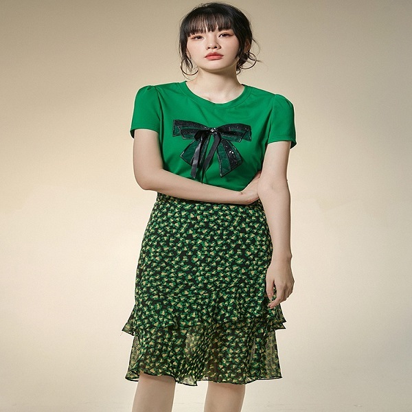 BD388短袖碎花气质时尚绿色夏季印花复古套装