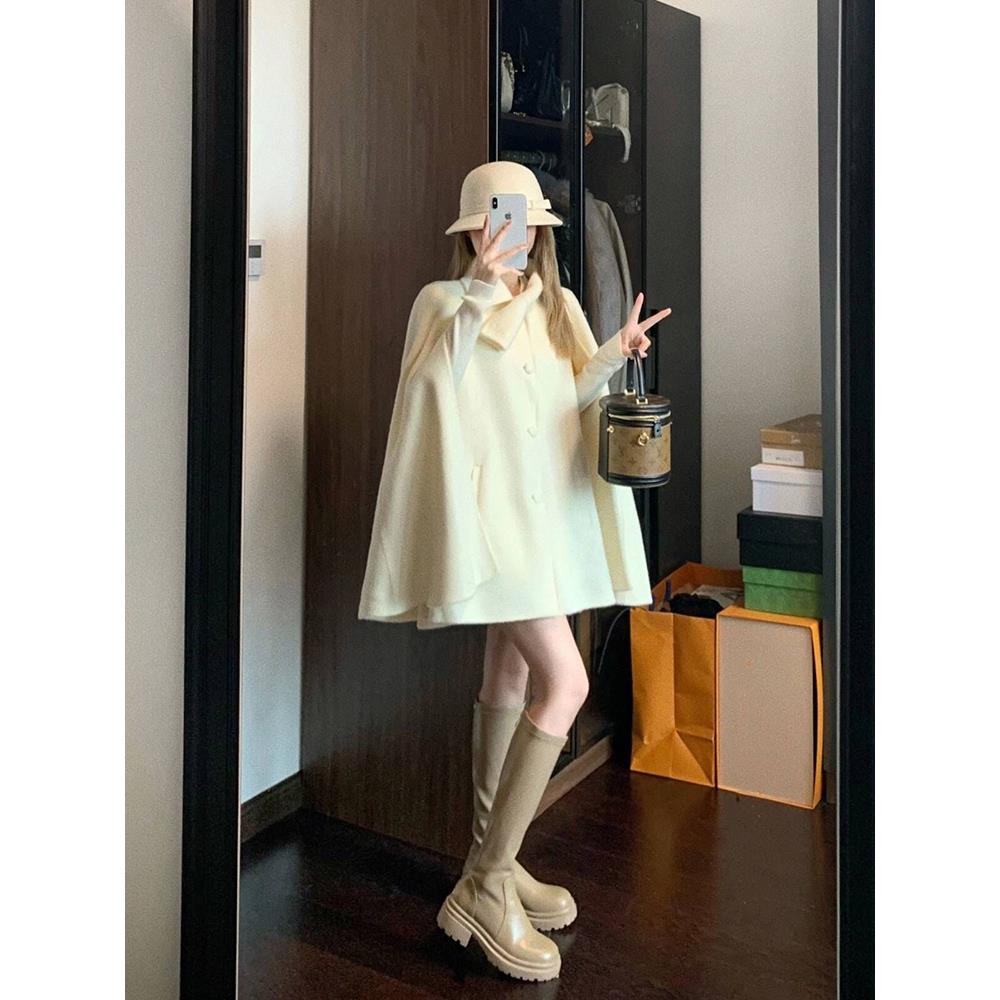 纯欲名媛外套女宽松气质慵懒秋冬季小个子高级感毛呢斗篷大衣春秋