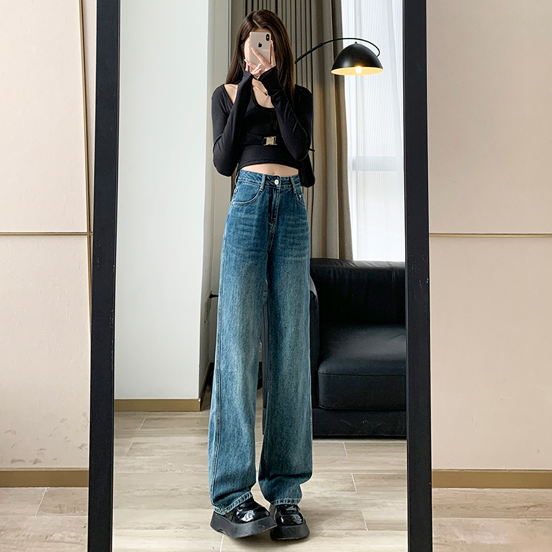 复古窄版阔腿牛仔裤女2023年秋季怀旧港风宽松高腰显瘦ins直筒裤