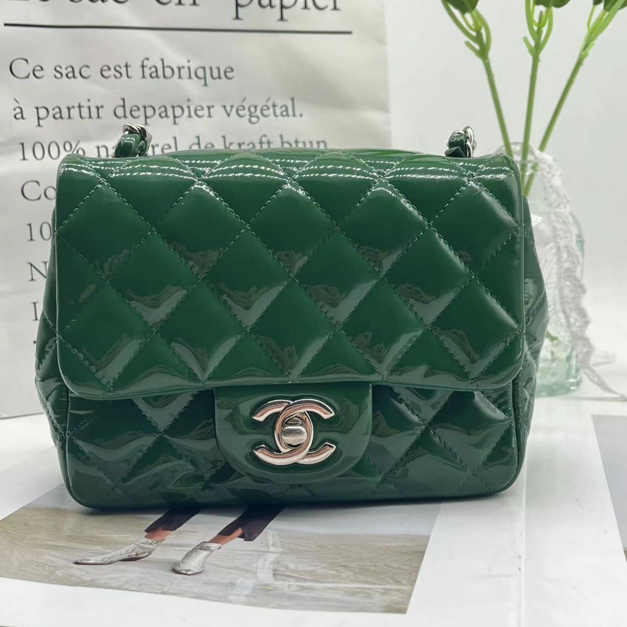 95新 Chanel/香奈儿 山山/绿色漆皮方胖子 /单肩斜挎包/10专属