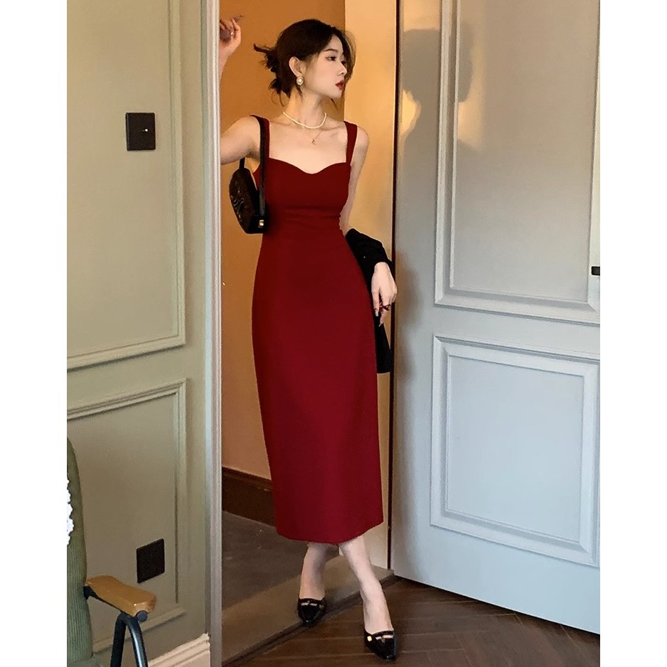 EIA一尧【心口朱砂】港风复古高级感红色吊带连衣裙女气质红裙子