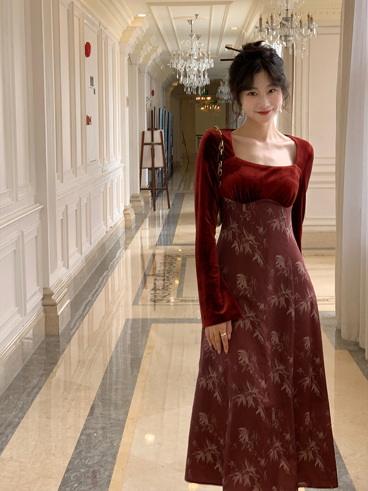 EIA一尧【日暮竹影】复古气质法式显瘦连衣裙丝绒新中式显白长裙女
