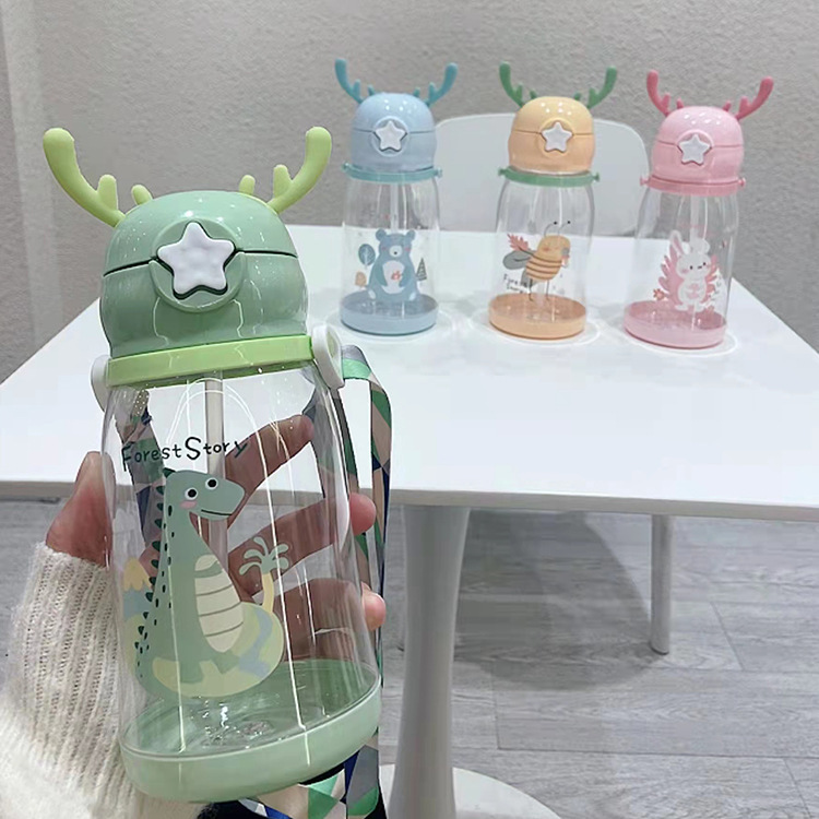 【现货】卡通水杯儿童大容量鹿角塑料杯学生外出吸管杯C610