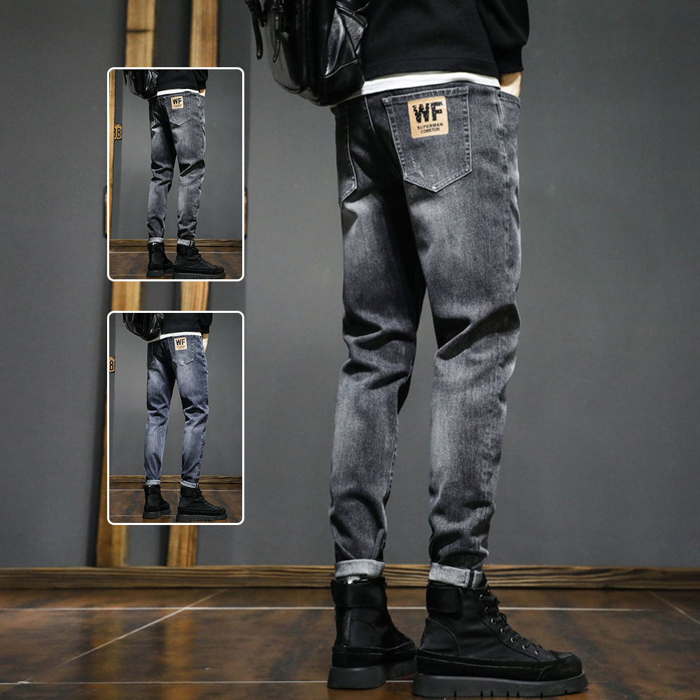 潮牌韩版牛仔裤男士潮流加绒弹力修身小脚2023新款秋冬男装长裤子