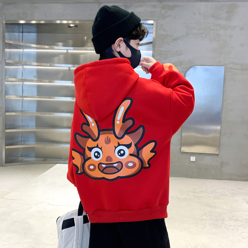 男童冬装卫衣加绒加厚2023新款儿童拜年服中大童过年红色本命年潮