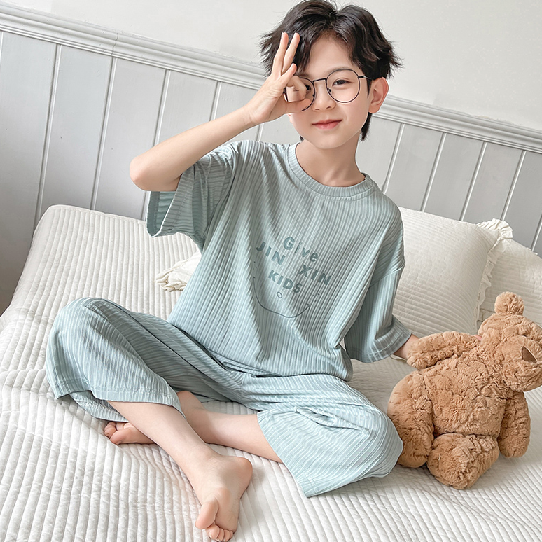 儿童睡衣男童夏季薄款家居服中大童夏装冰丝空调服男孩短袖透气潮
