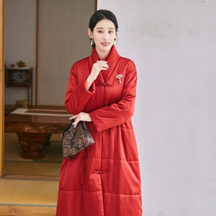 「风·荭芸」E23-FL-4743 秋冬中国风大气红色长款棉服长袖女士复古