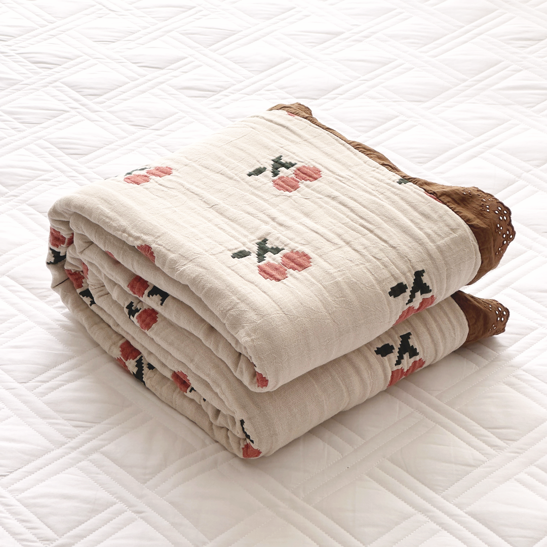 【京かわ会社】纱布毯纯棉五层盖毯泡泡纱毛巾被220*240cm 肉色素樱桃