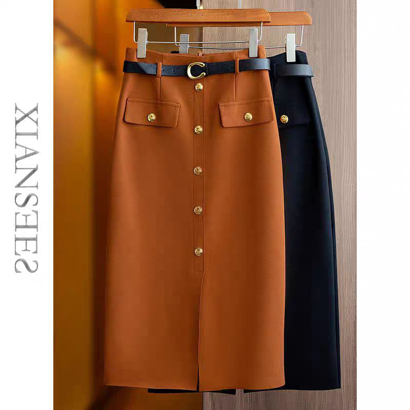 【现货闪发】2023秋冬新款裙子时尚气质单排扣口袋拼接纯色半身裙女