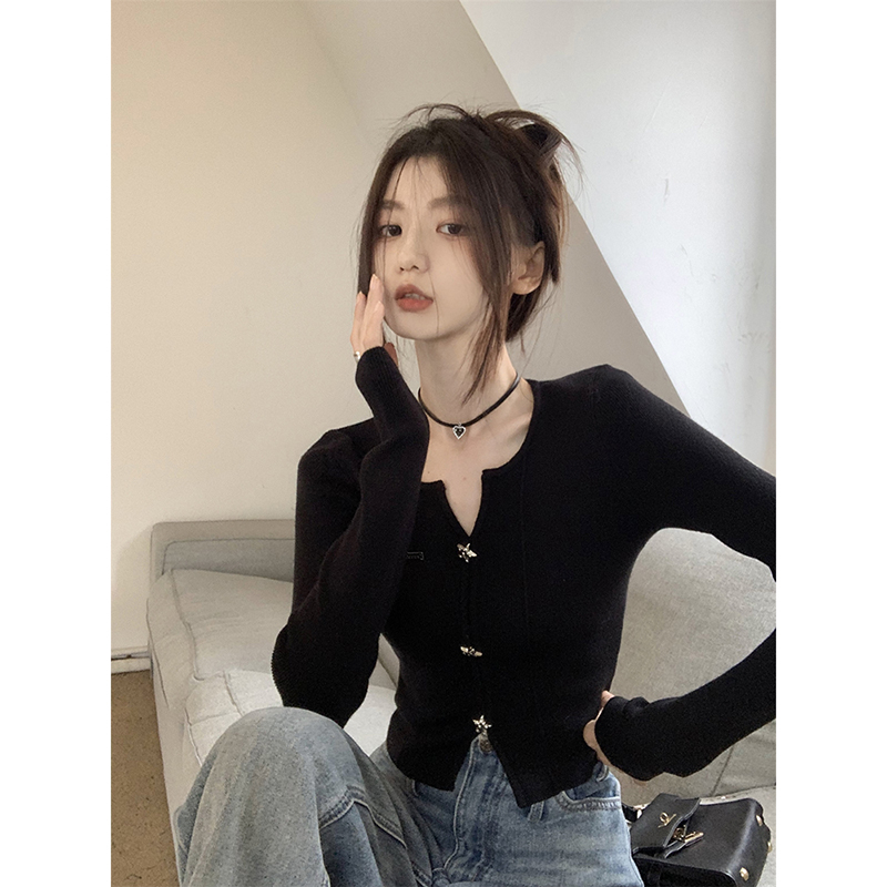 纯欲v领黑色打底衫女针织开衫2023年秋装新款辣妹上衣设计感小众