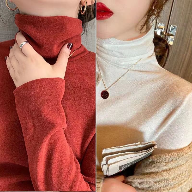 双面德绒高领打底衫女秋冬新款加厚上衣长袖加绒洋气内搭堆堆领