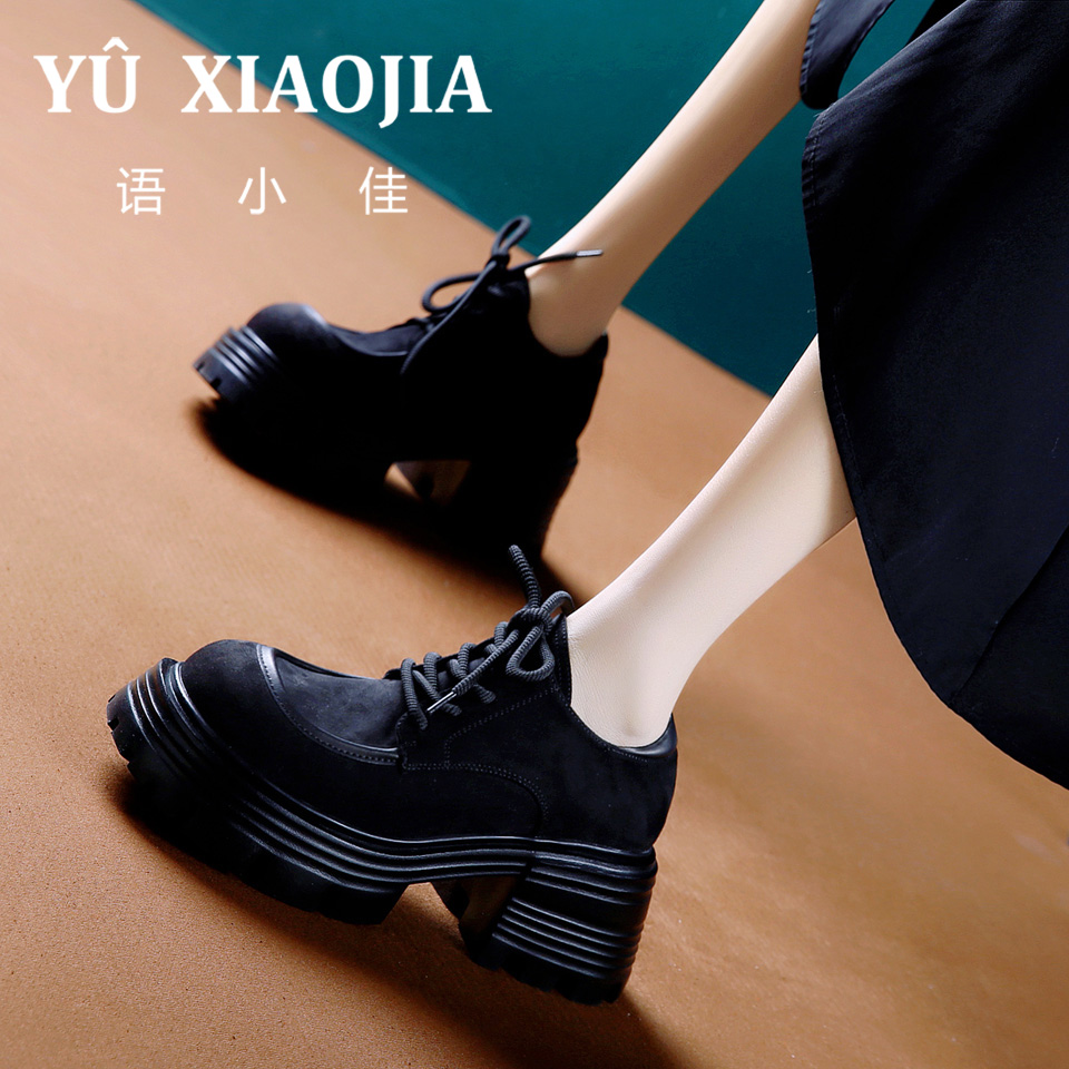 6CM[已经开价]厚底中跟短靴女春秋季绒面方头系带粗跟单鞋HS1591