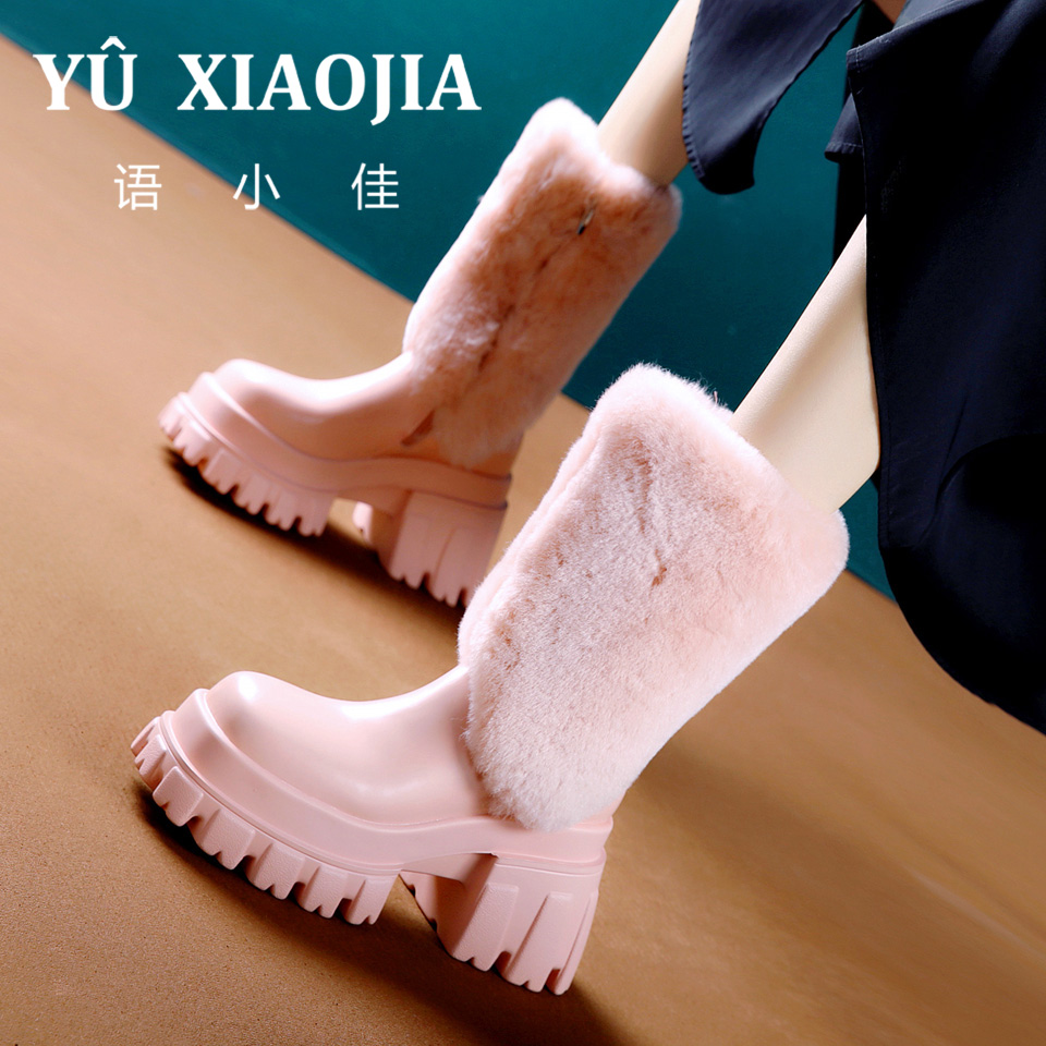 8CM[已开价]毛毛厚底粗跟中筒靴冬季加绒淑女方头高跟短靴HS1603