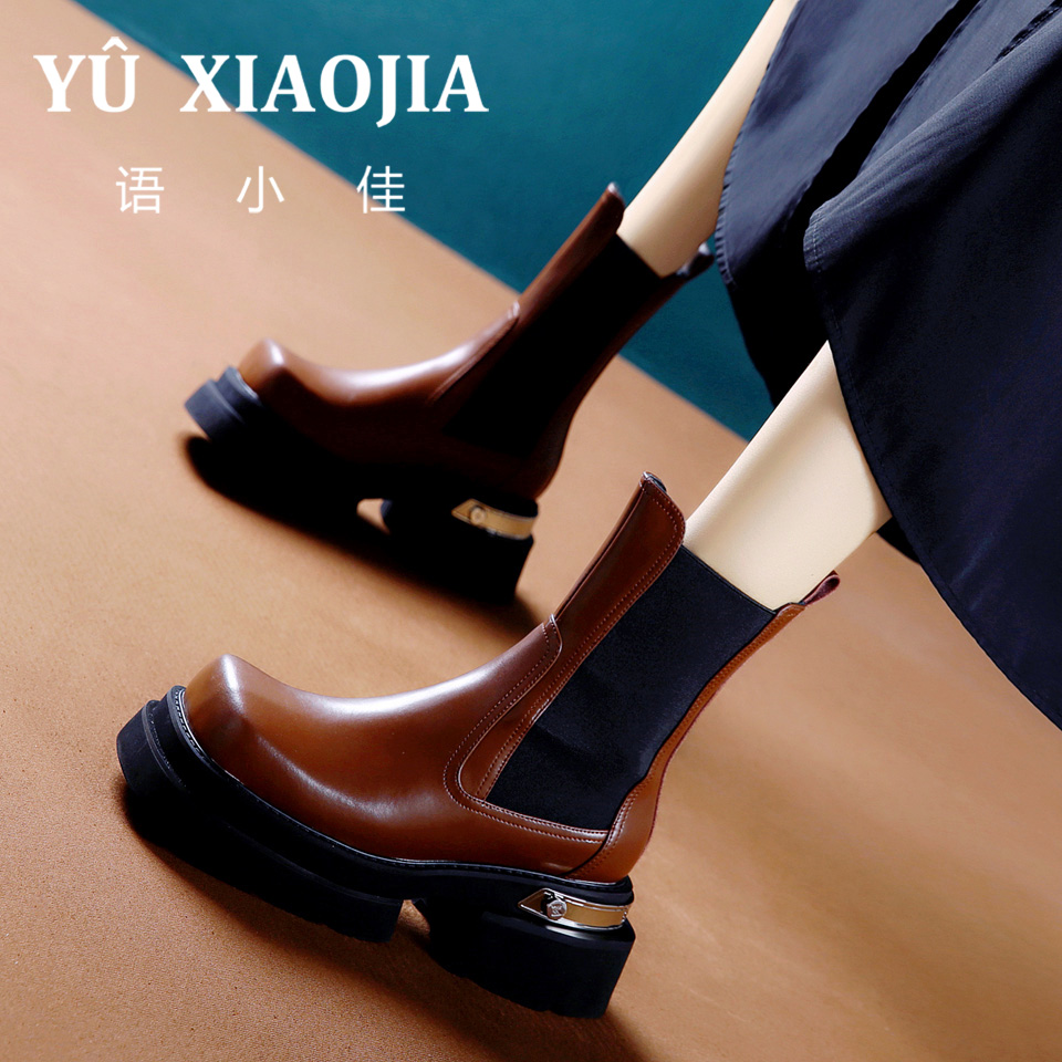 6CM[已经开价]通勤真皮弹力切尔西靴2023秋季厚底粗跟中筒靴9222