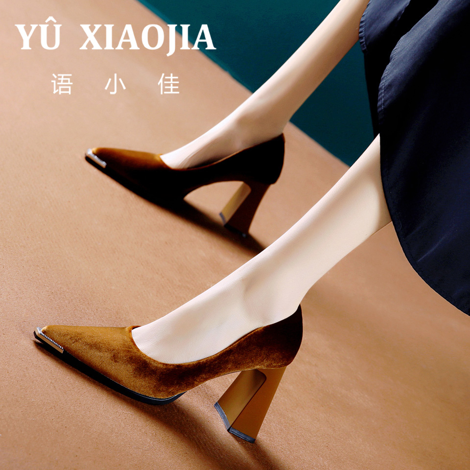 7CM[已开价]绒面复古高跟鞋女春季英伦风金属尖头粗跟单鞋1220-12