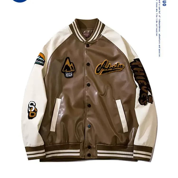 美式vintage棒球服外套男2024秋冬季小众拼接宽松休闲情侣皮夹克