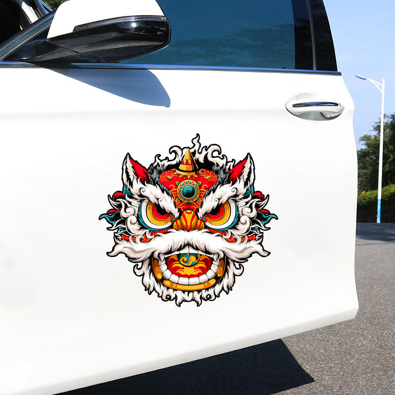 中国国潮醒狮车贴车身贴摩托车划痕遮挡贴纸电动车个性装饰贴画花
