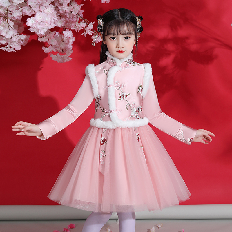 A180女童汉服加绒中国风连衣裙百搭儿童裙子古风唐装冬季连衣裙子