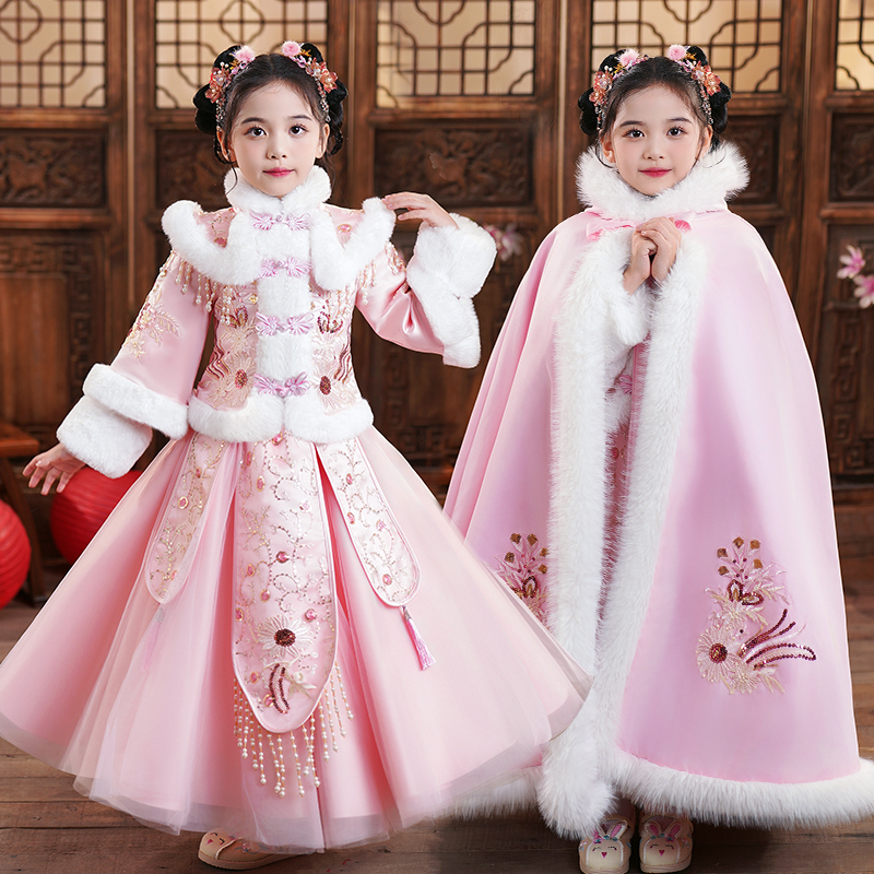 99170女童汉服古装儿童旗袍女童公主裙加绒保暖唐装裙子套装加厚