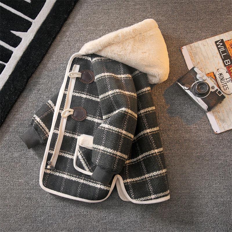 男童毛呢外套秋冬装2023新款儿童宝宝加绒加厚一体绒格子呢子大衣