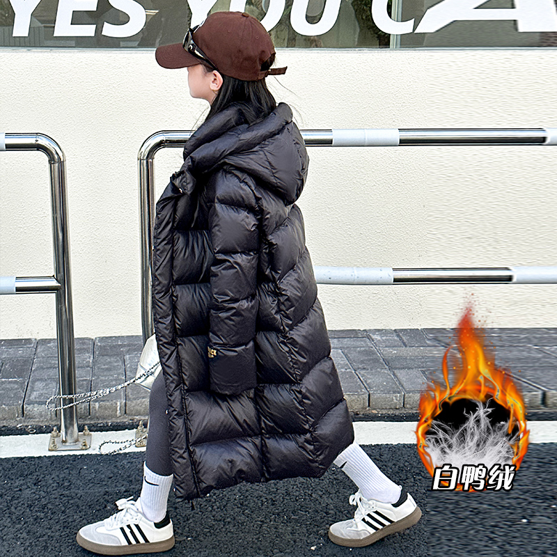女童中长款羽绒服2023新款洋气女大童冬季白鸭绒儿童冬装加厚外套