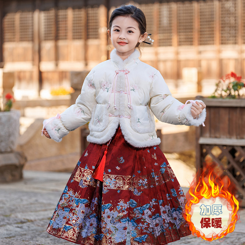 女童古风羽绒服2023冬季新款6-15岁中国风加厚马面裙保暖拜年服潮