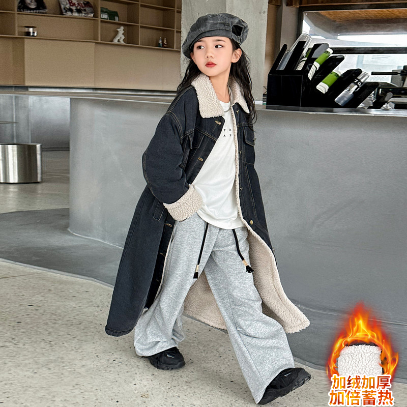 女童外套秋冬款加绒加厚牛仔派克服冬季长款大衣网红炸街大童冬装