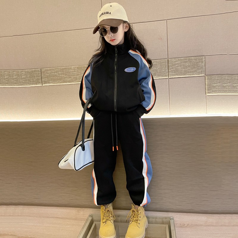 女童套装2023春装新款韩版中大童撞色字母休闲两件套网红时髦春秋