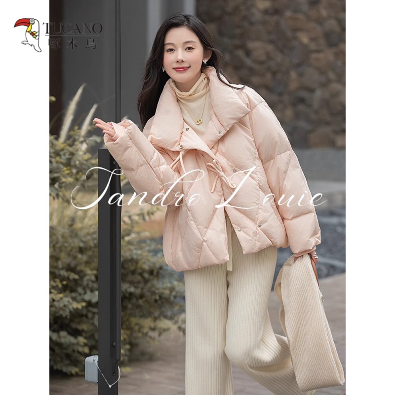 啄木鸟时髦不臃肿の蝴蝶结羽绒服女2023冬季新款高级感小个子短款